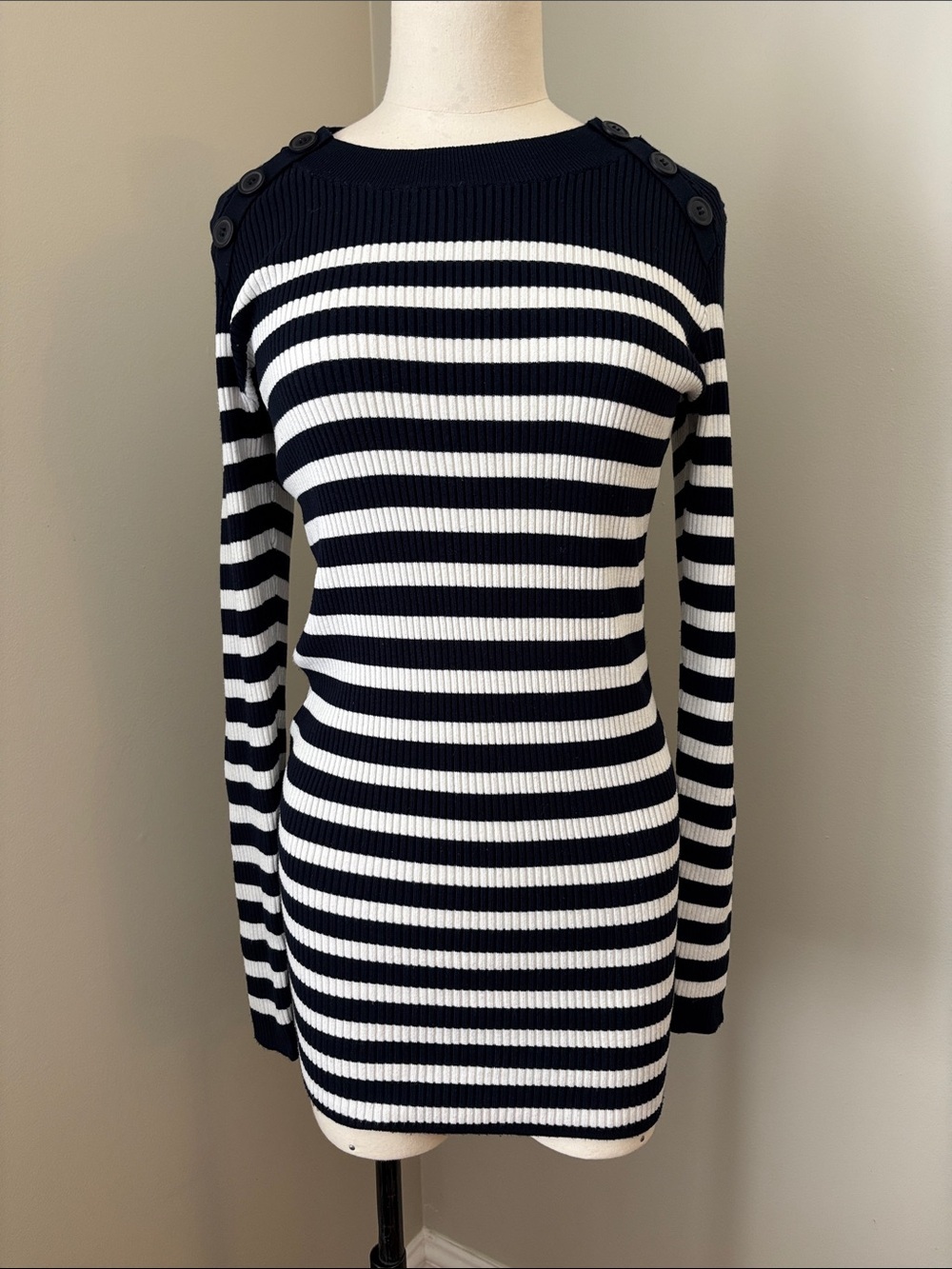 H&M Maternity Striped Navy and White Ribbed Button-Shoulder Sweater Sz M